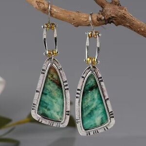 Boho Silver Drop Earrings Faux Green Stone